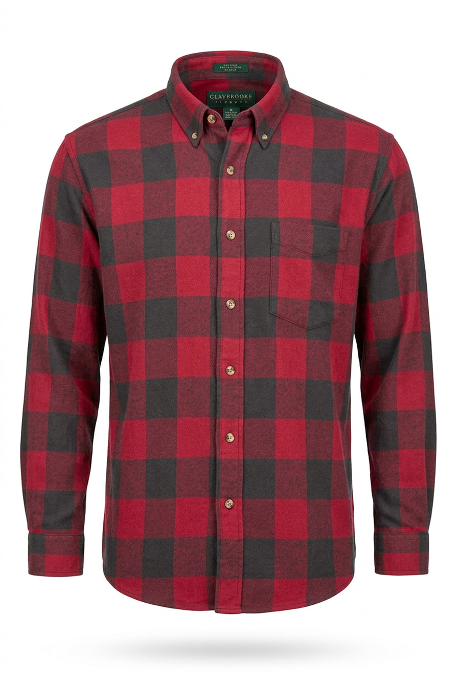 Claybrooke Outdoors Flannel Shirt Small Mens Red Charcoal Buffalo Plaid Cotton